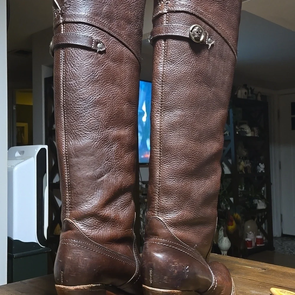 Frye Jane Fold Over  Rich Brown Leather Boots Knee High Womens Size 7